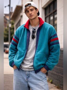 Vintage AKITA Teal Colorblock Fleece Jacket Size L | 90s Retro